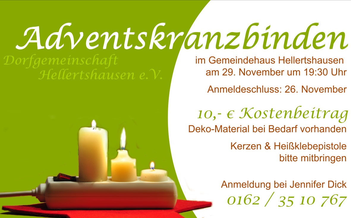 Plakat für die Adventskranzbinden Veranstaltung der DG Hellertshausen