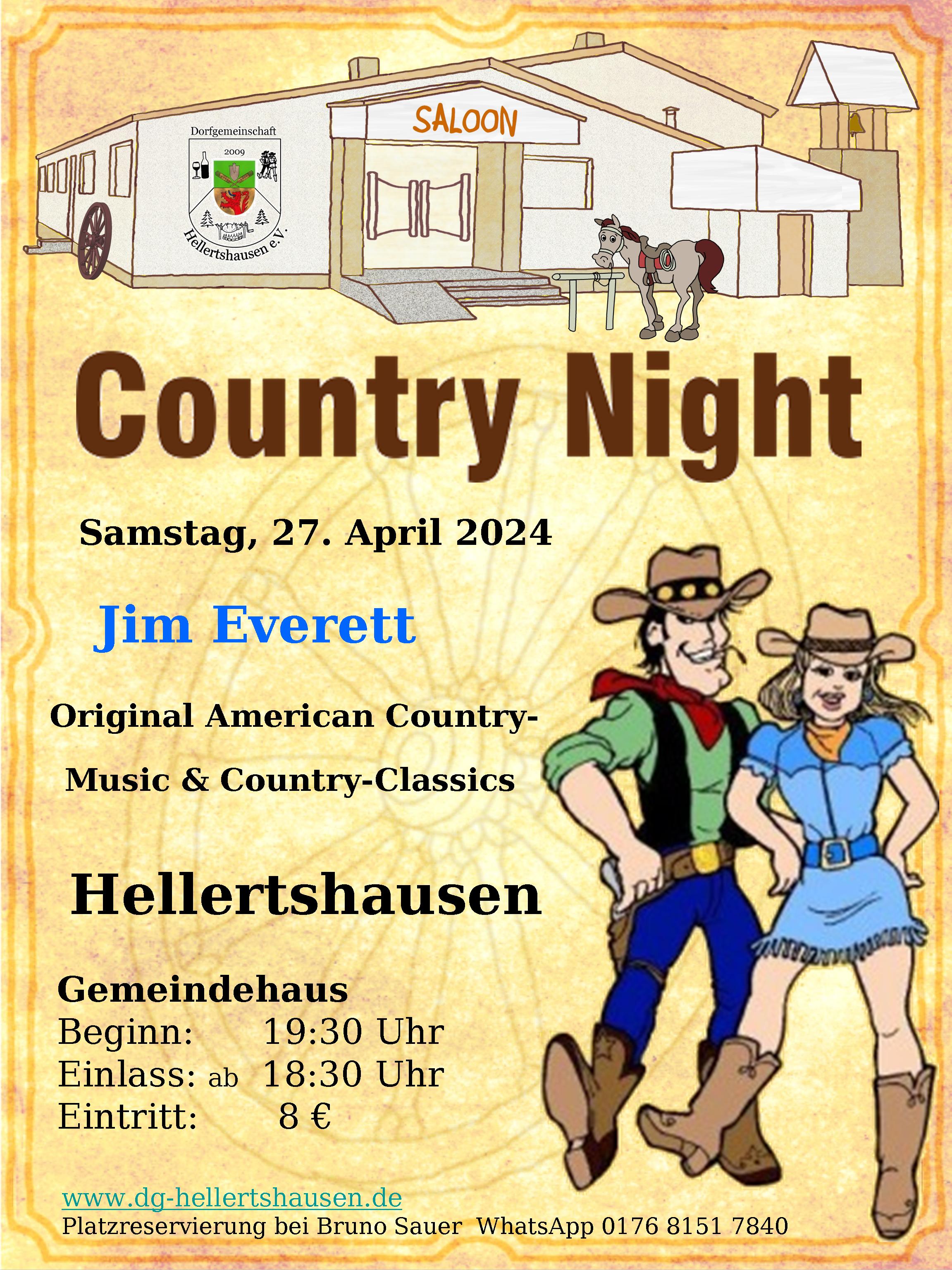 Plakat für Country Night in Hellertshausen Gemeindehaus am 27.04.2024