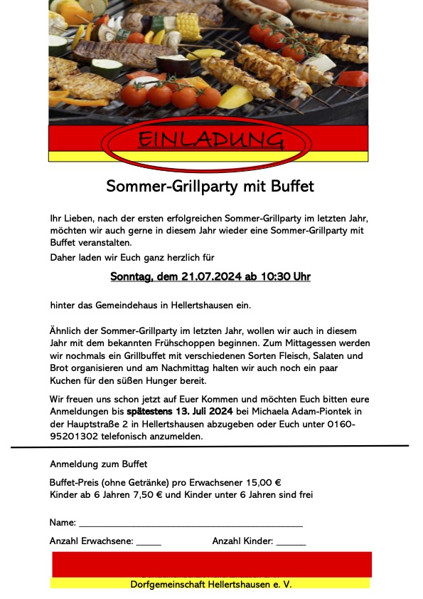 Plakat für Veranstaltung Sommerfest am 21.07.2024 der DG Hellertshausen